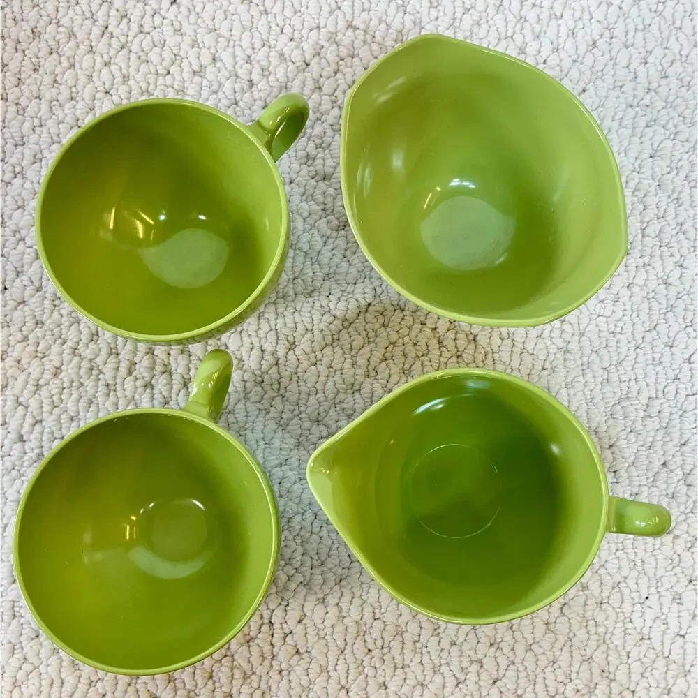 Vintage Oneida OD Green Melamine Coffee Set 2 Cups Creamer Sugar W/ Lid